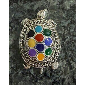 Vintage Silver Turtle Brooch With Colorful Hexagonal Gemstone Mosaic Design
